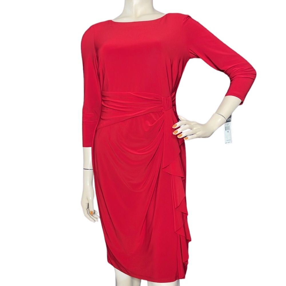 Chaps by Ralph Lauren Red Cascade Pleated Faux Wrap Dress